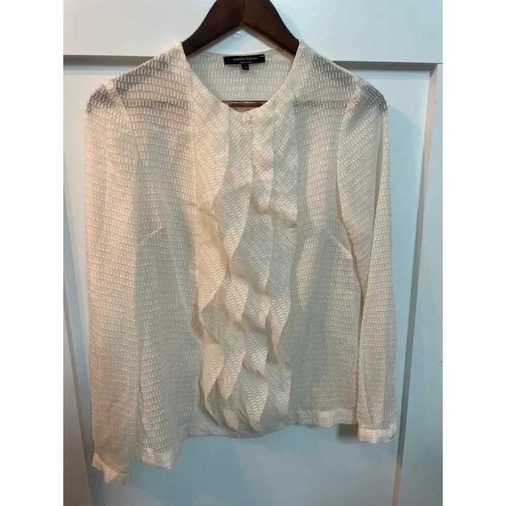 Nanette Lepore Semi-Sheer Textured Silk Blend Ruffled Front Blouse, sz 2